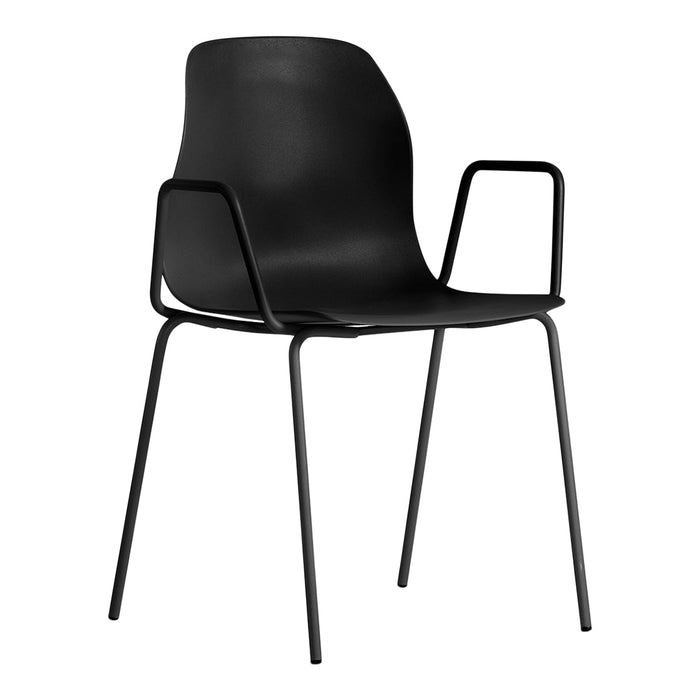 Black minimalist chair with sleek lines and smooth finish, featuring a matte texture and sturdy black metal legs.