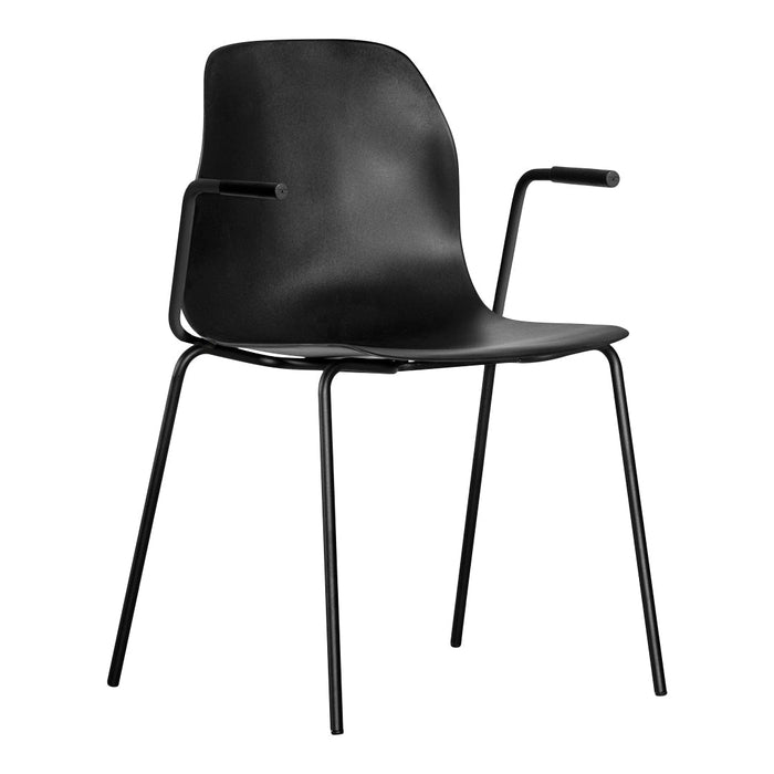 Black molded chair with sleek design and minimalist black metal frame, perfect for modern interiors.
