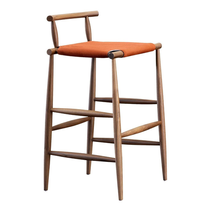Wooden bar stool with an orange seat cushion and natural wood finish, featuring clean lines and minimalist design.