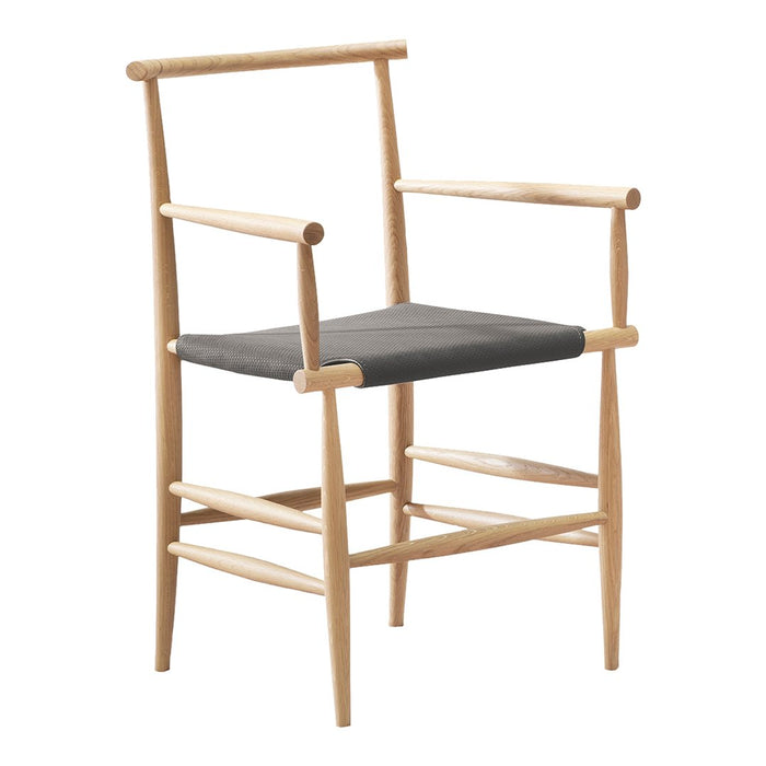 Light wood armchair with a sleek gray cushion, featuring a minimalistic design and clean lines. Perfect for modern decor.