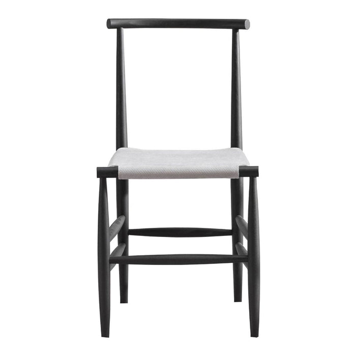 Black wooden chair with a simple design and a light gray fabric seat.