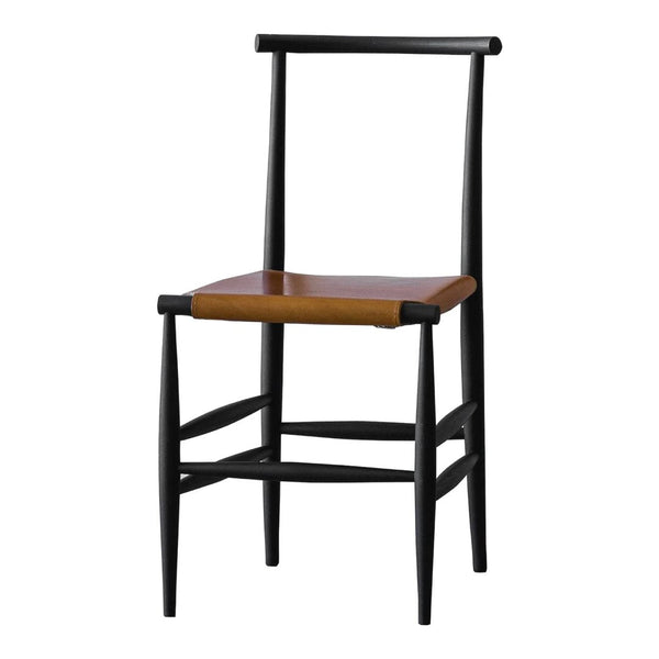 Black wooden chair with a natural wood seat, featuring a minimalist design and sleek lines. Perfect for modern decor.
