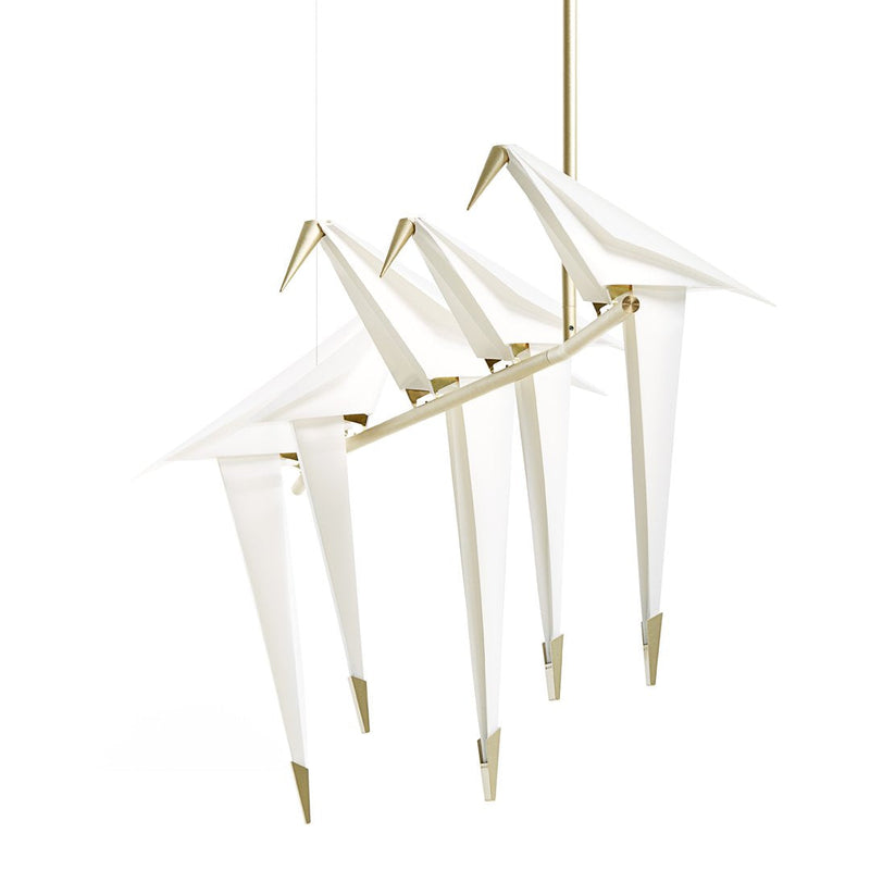 Sleek white pendant light with gold accents and origami-inspired design, featuring clean lines and geometric shapes.