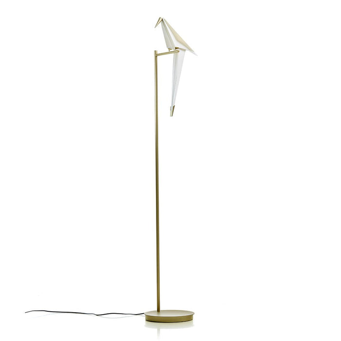 Elegant white lamp with a gold stand, featuring a sleek, modern design and minimalistic silhouette.