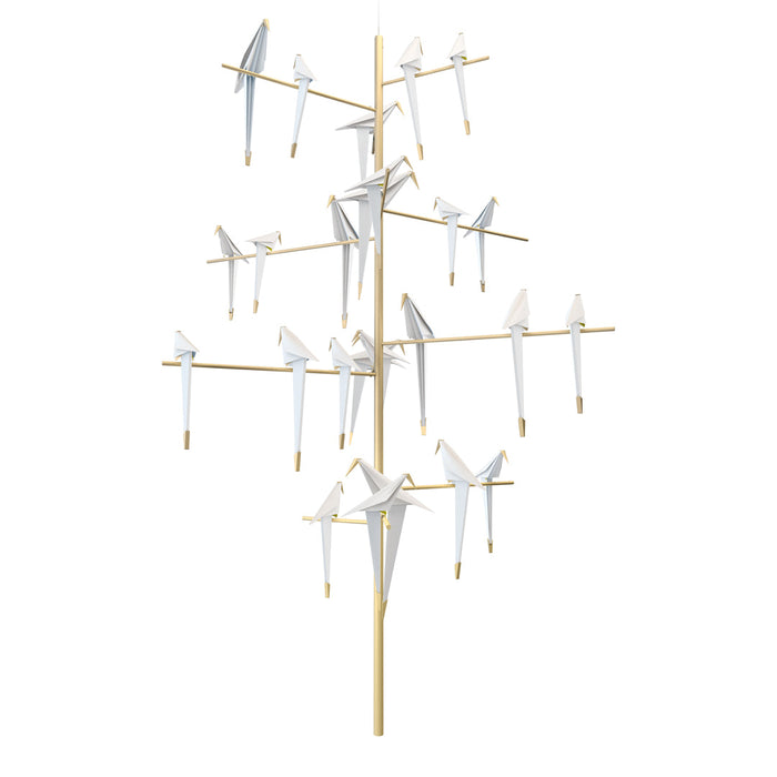 White origami birds arranged on a gold vertical stand, featuring a sleek, modern design.