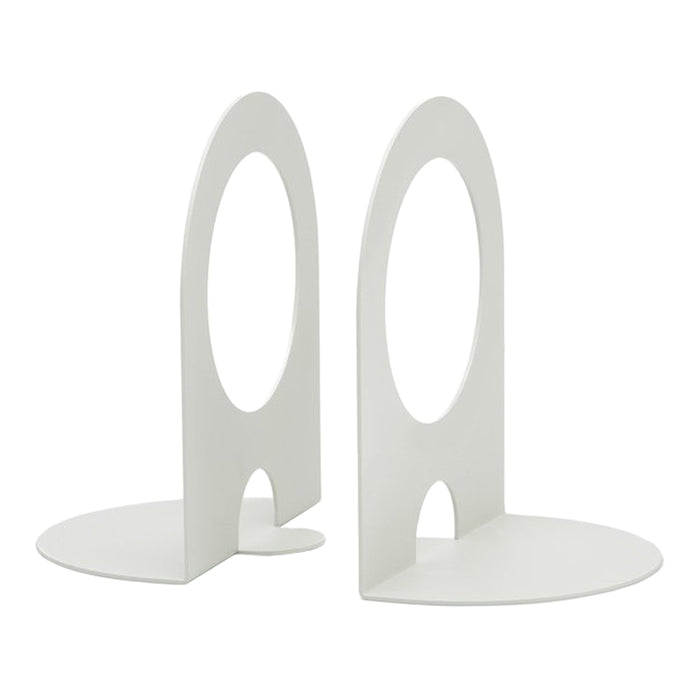 White bookends with smooth, minimalist curves and circular cutouts. Sleek and modern design suitable for various decor styles.