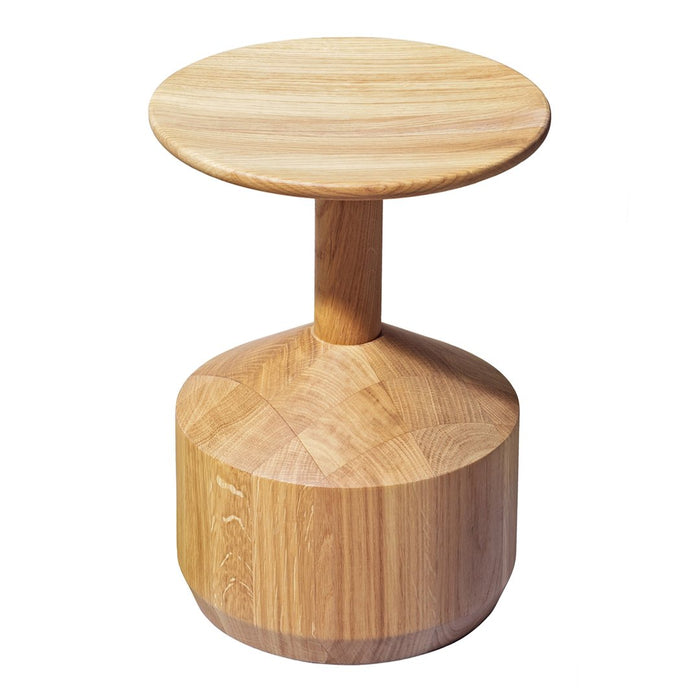 Natural wood round side table with smooth, light finish and subtle grain patterns. Ideal for rustic or modern decor.