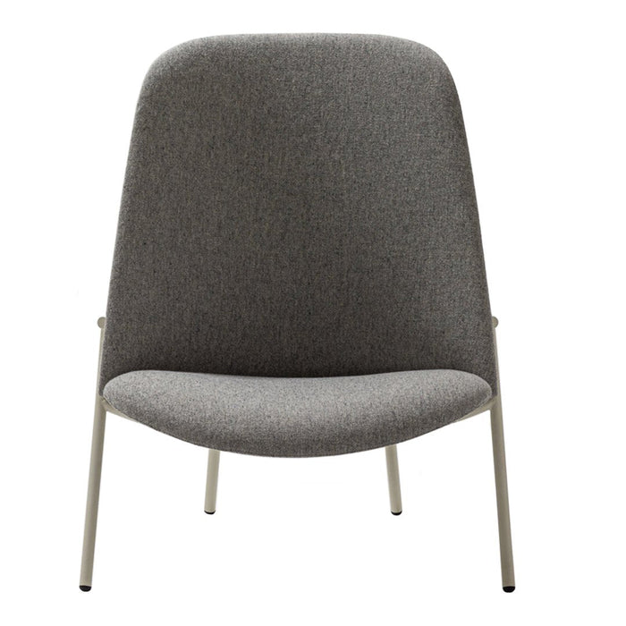 Gray upholstered chair with a smooth, minimalist design and light metal legs, perfect for modern interiors.