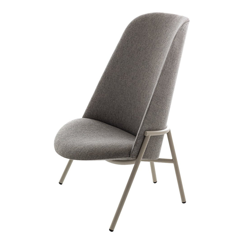 Modern gray upholstered chair with a sleek, minimalist design and subtle texture, featuring light metal legs.