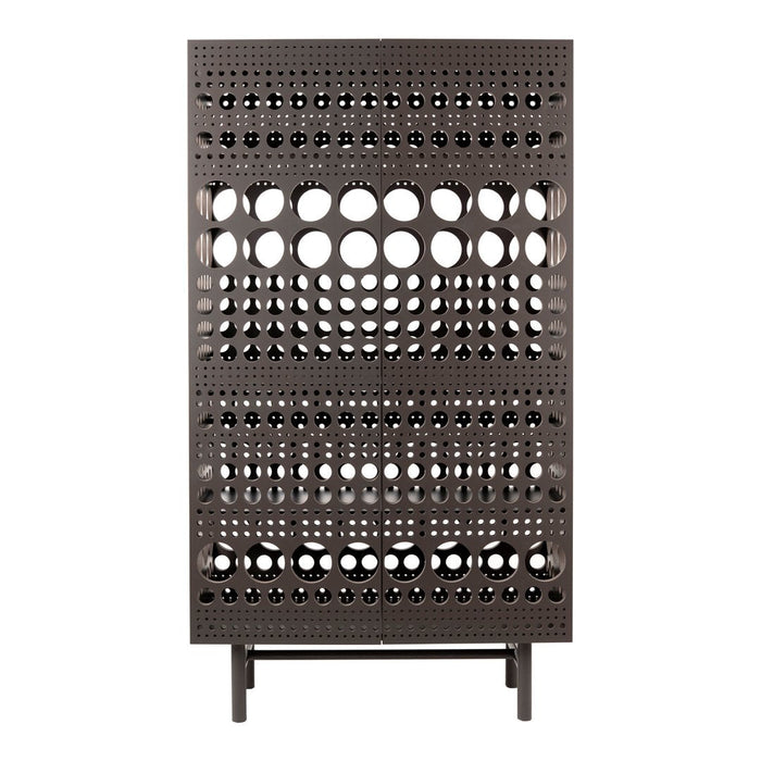 Dark brown cabinet with circular cutouts and geometric patterns, featuring a modern and abstract design.
