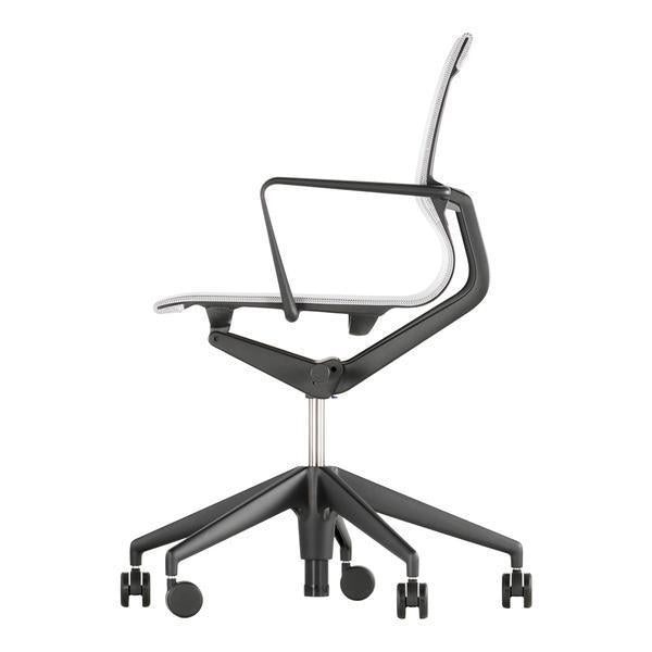 Side view of a modern ergonomic chair featuring a sleek black frame and a white seat with minimalist design.