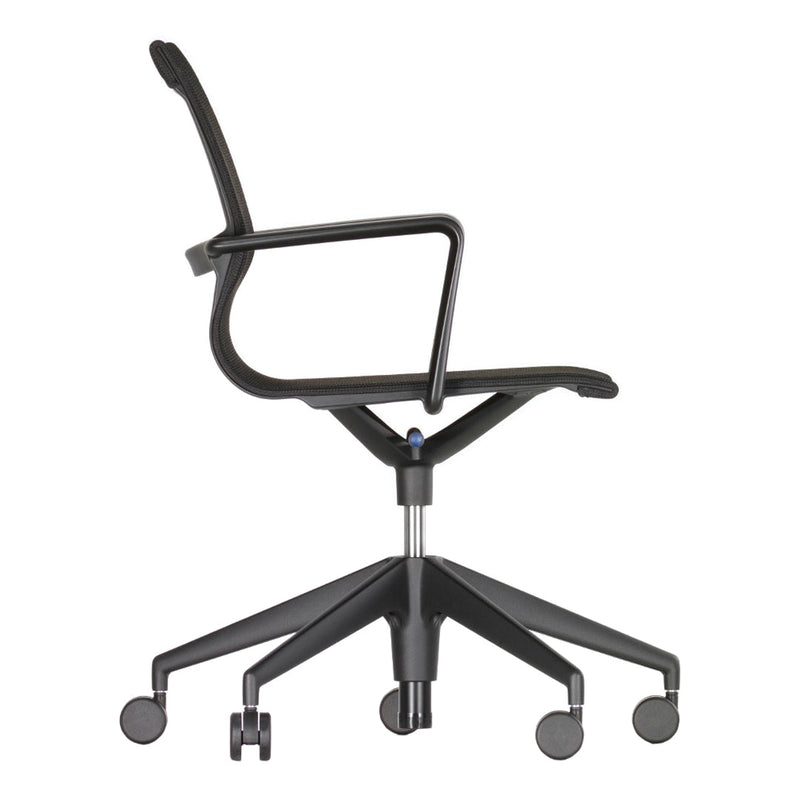 Black ergonomic office chair with sleek lines and a minimalist design, featuring a mesh back and five-star base.