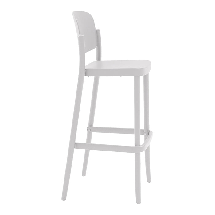 White wooden bar stool with a minimalist design, featuring a smooth finish and clean lines. Ideal for modern decor.