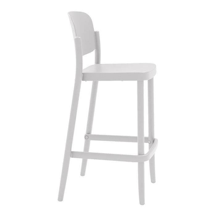 White wooden bar stool with a minimalist design and smooth finish, perfect for modern interiors.