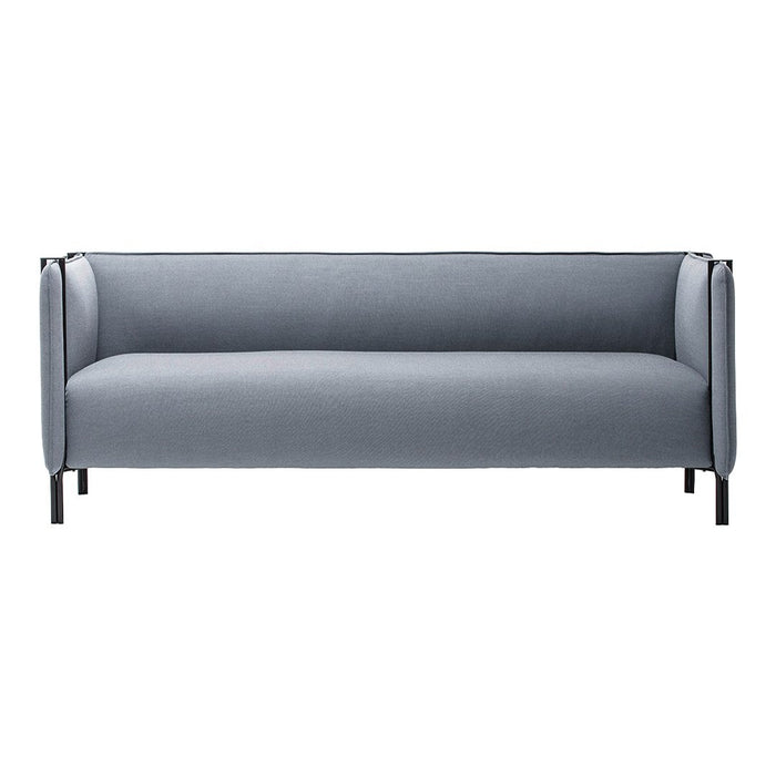 Stylish gray sofa with clean lines and minimalist design, featuring solid fabric and black metal legs.