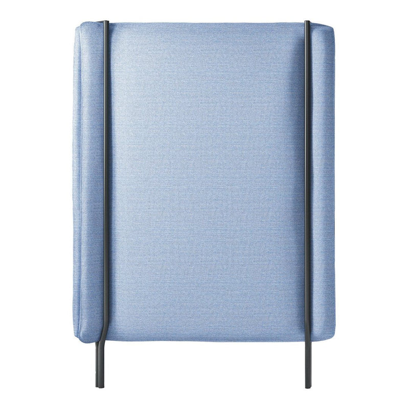 Light blue cushion with a textured pattern and black metal frame. Ideal for modern home decor.