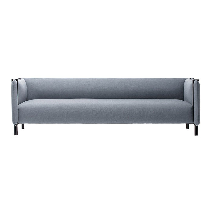 Light gray fabric sofa with a sleek, minimalist design and black metal legs. Smooth, solid color, no patterns.