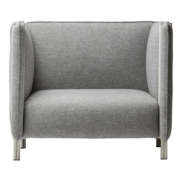 Gray upholstered two-seater sofa with a minimalist design and solid metal legs. Clean lines and contemporary style.
