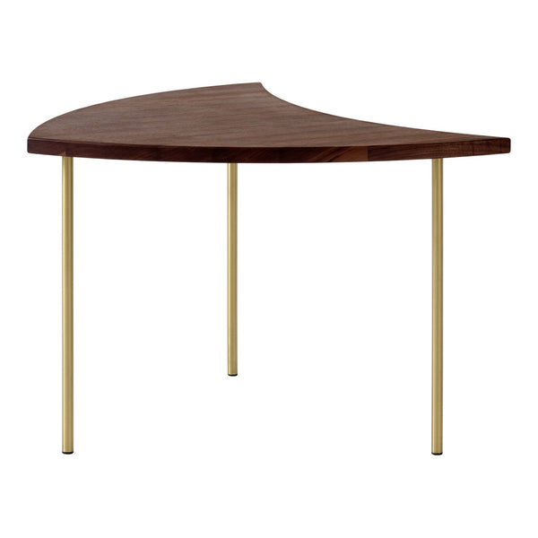 Wooden half-moon table with a rich brown finish and sleek gold legs, featuring smooth, contemporary lines.