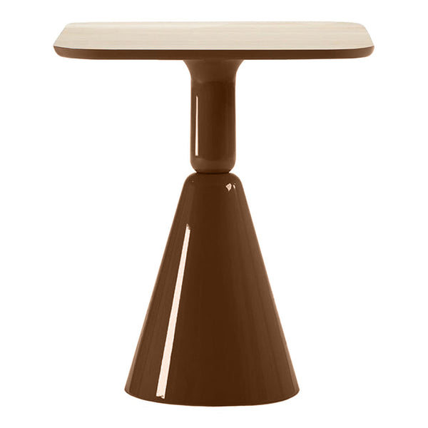 Brown modern table with a sleek cone base and square top, featuring a glossy finish. Perfect for contemporary decor.