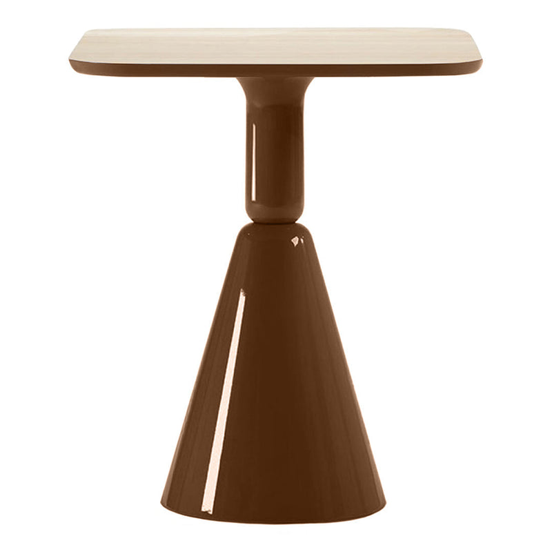 Brown modern table with a sleek cone base and square top, featuring a glossy finish. Perfect for contemporary decor.