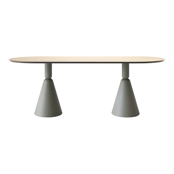 Light wood oval tabletop with minimalist gray cone-shaped legs. Stylish, modern, and sleek design for contemporary spaces.