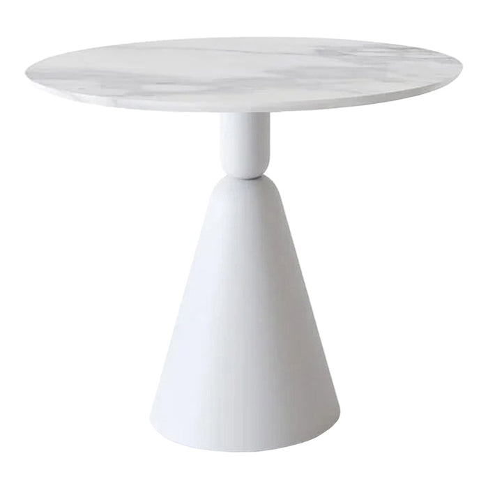 White round table with a sleek marble top and smooth cone-shaped base, perfect for modern decor.