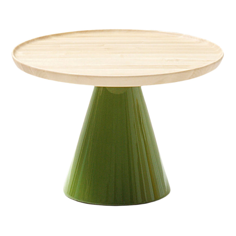 Round table with a bamboo top and a vibrant green conical base, showcasing a sleek and modern design.