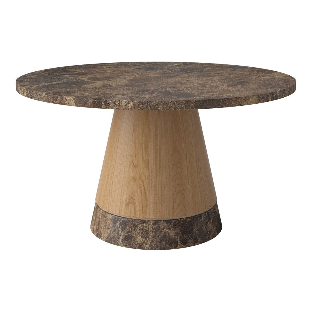 Round table with a light wood base and dark marbled tabletop, featuring natural textures and earthy tones.