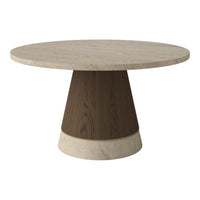 Round dining table featuring a beige top and dark wood base with a light stone accent, perfect for modern interiors.