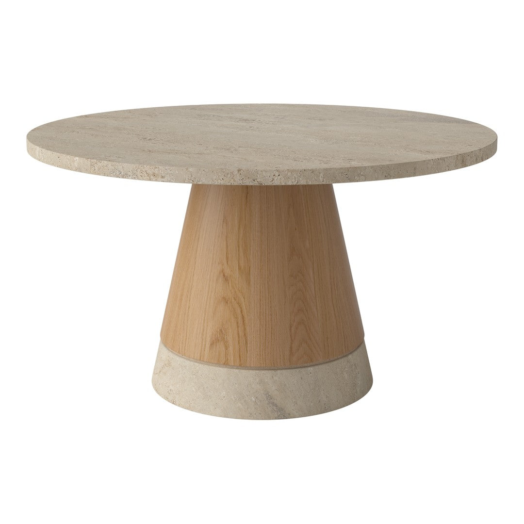 Round table featuring a light beige top with a natural wood cone base, blending earthy tones and smooth textures.