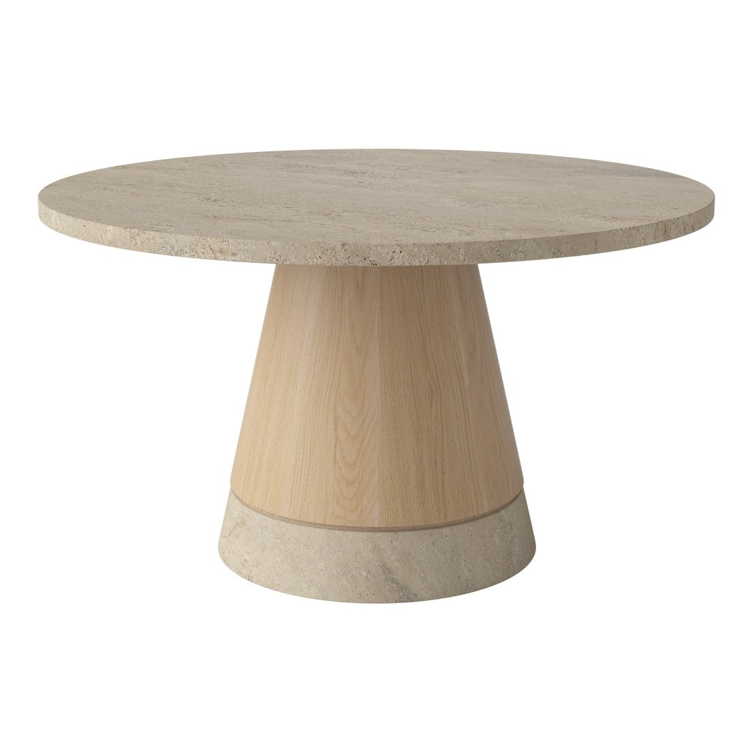 Round table with a light wood base and beige stone top, showcasing a smooth texture and minimalistic design.
