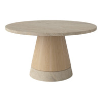Round table with a light wood base and beige stone top, showcasing a smooth texture and minimalistic design.