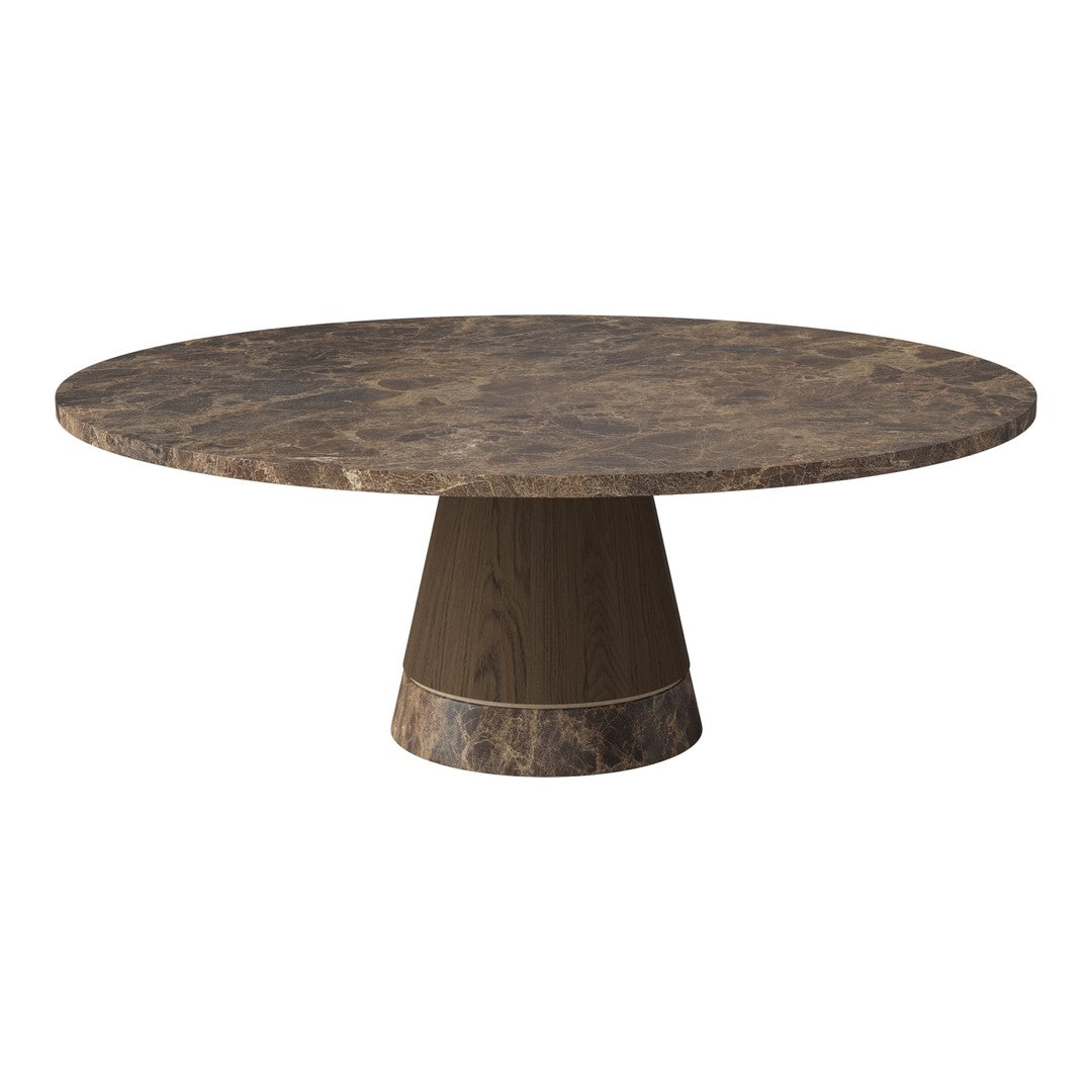 Round marble table with rich brown and gray patterns, featuring a sleek tapered base for modern elegance.