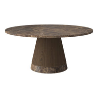 Round table featuring a textured brown marble top and a sleek dark wood base. Elegant and modern design.