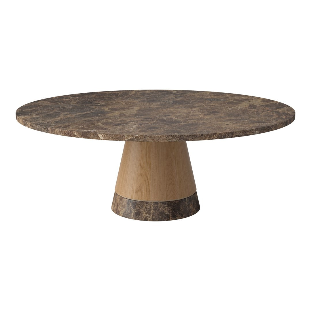 Round coffee table with a dark brown marble top and a light wood base, featuring a smooth, minimalist design.