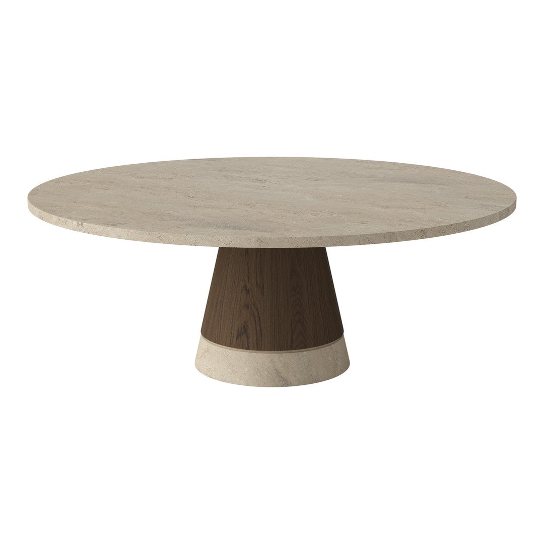 Round dining table featuring a light wood top and a contrasting dark wood base for a modern, elegant look.