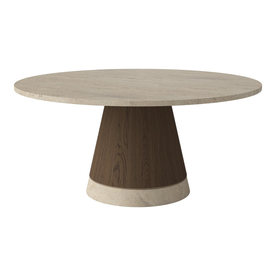 Round table featuring a light beige top and a two-tone base with dark wood and light stone accents.