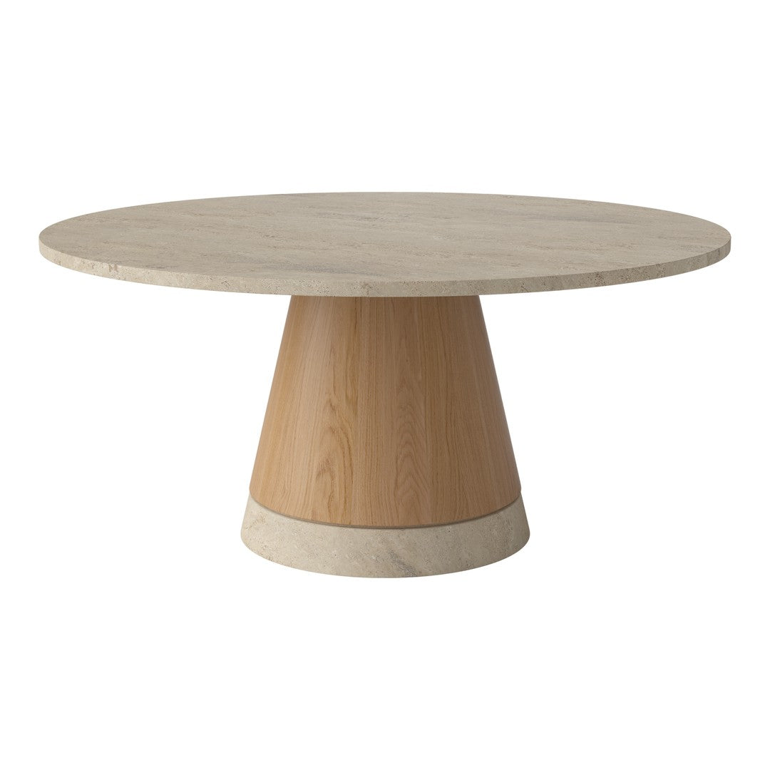 Round table with a natural wood finish and a beige, textured base. Modern design with minimalist aesthetics.