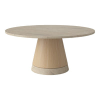 Round beige dining table with a minimalist tapered base, featuring a light wood and smooth stone finish.