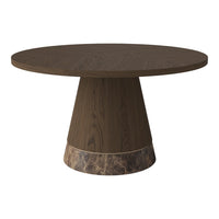 Round table with a dark wood finish and elegant marble-patterned base. Ideal for modern décor.
