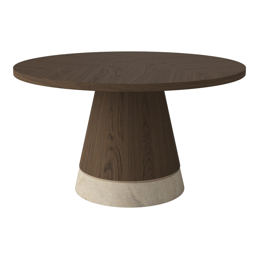 Round dining table with a dark wood top and a contrasting light stone base, featuring a sleek, modern design.