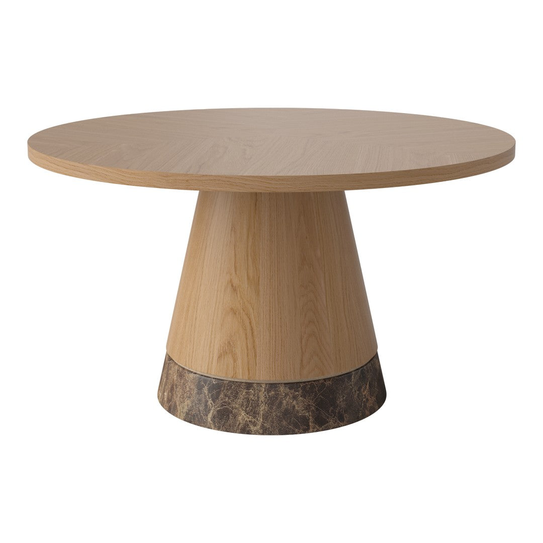 Round wooden table with a light oak finish and a dark marble base, showcasing a modern, minimalist design.