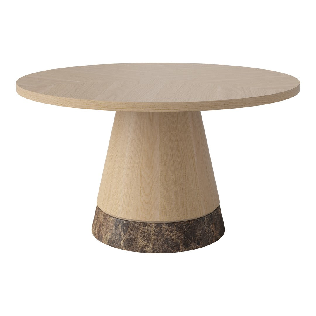Light oak round table with a dark marble base, featuring clean lines and a modern design. Perfect for contemporary interiors.