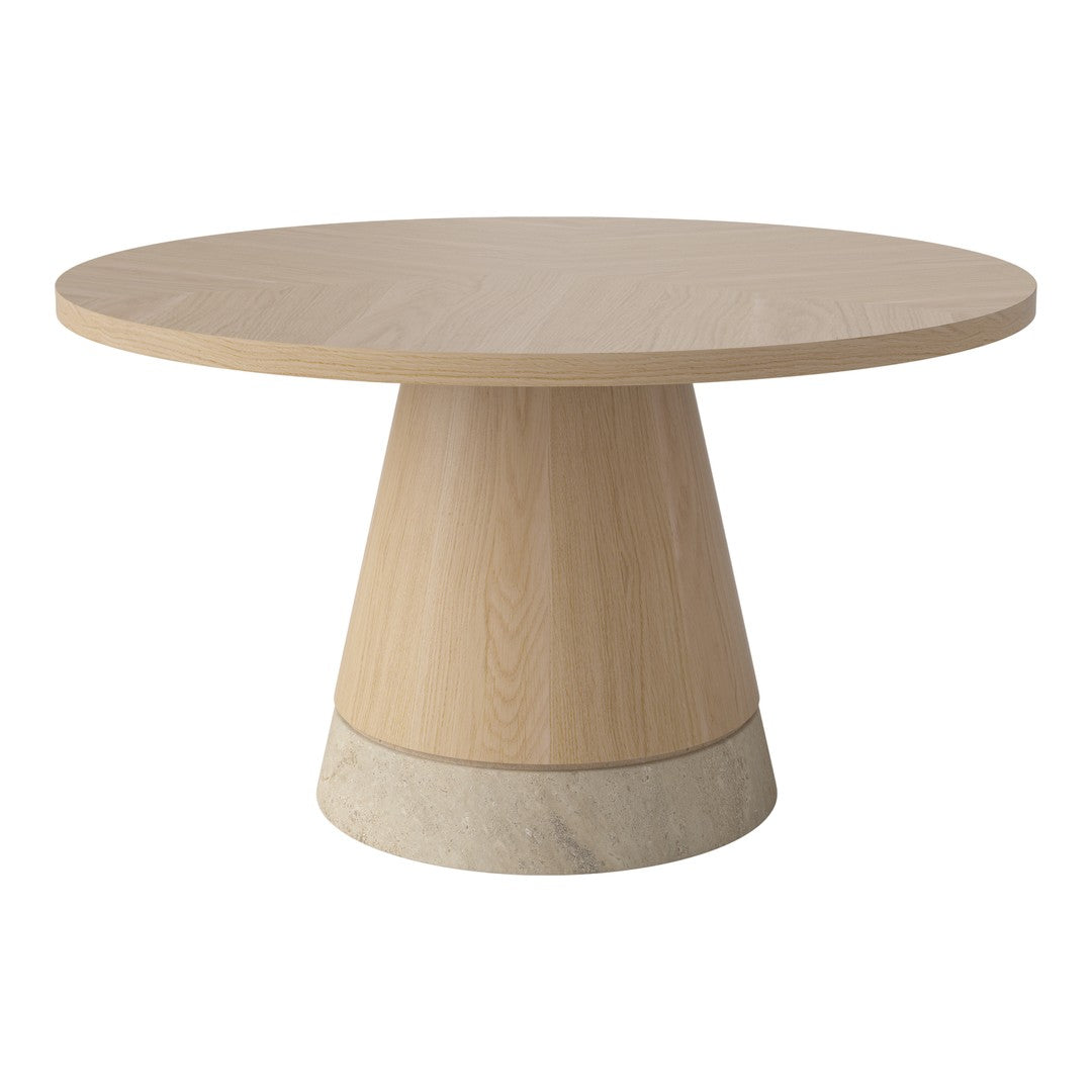 Round wooden dining table in light oak with a smooth finish and a contrasting concrete base. Simple, modern design.