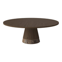 Round dark wood dining table with a sleek, textured brown base featuring a marble accent.