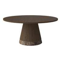 Round brown dining table with a sleek conical base and marble accent, showcasing a modern design and rich wood grain.