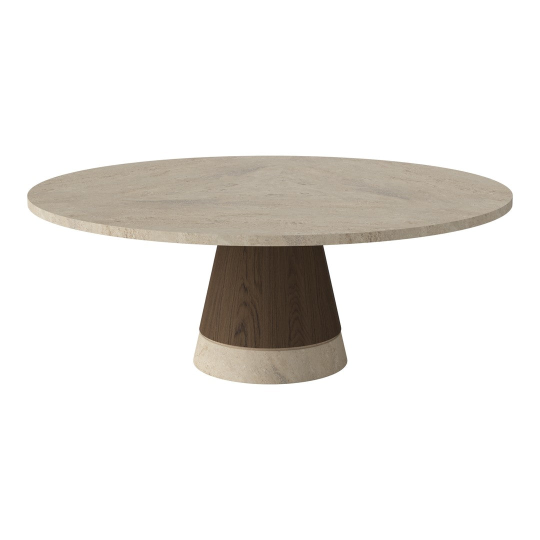 Round marble dining table with a textured light top and dark wood base, featuring a sleek modern design.