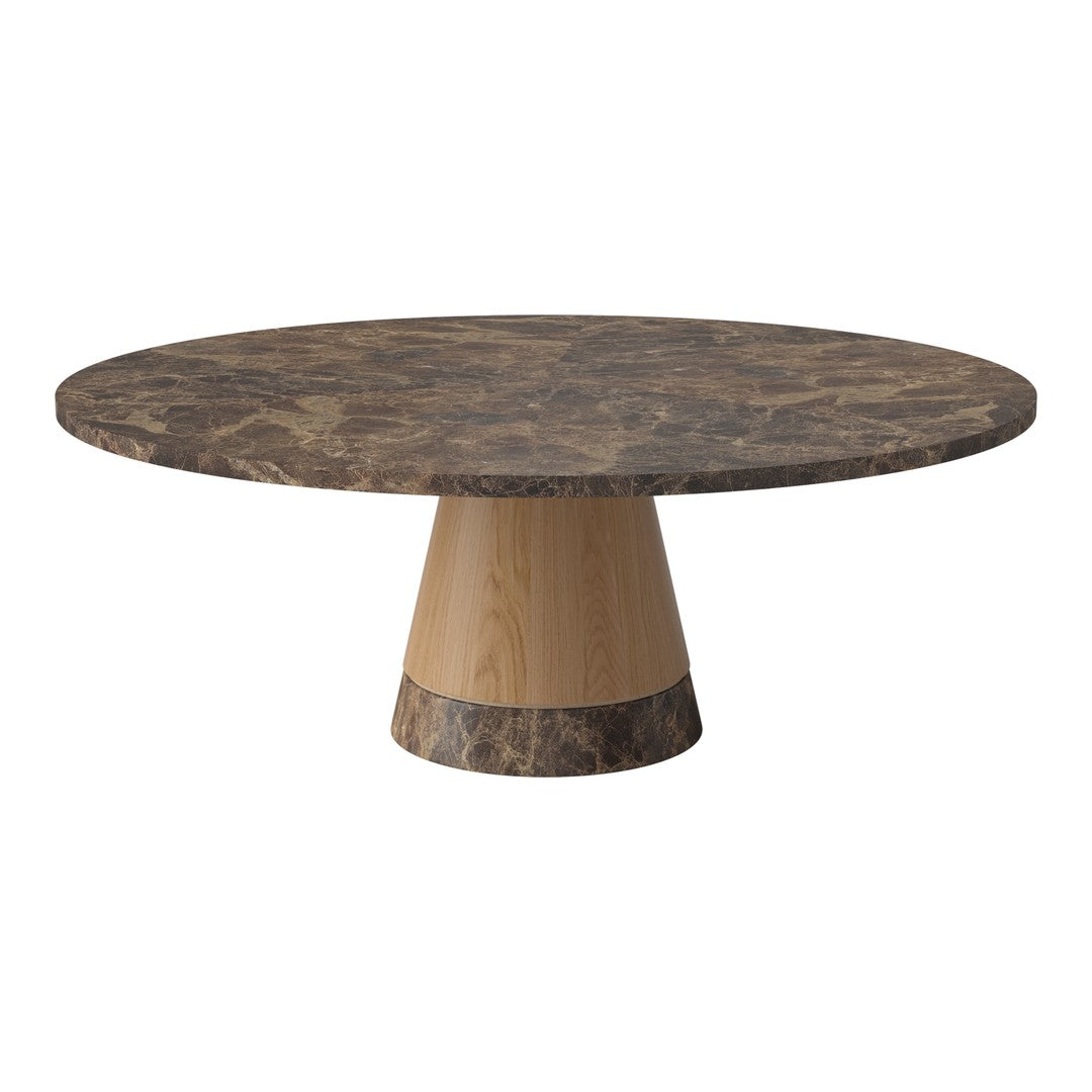Round dining table with a dark marble top and a light wood base, featuring a modern, sleek design.