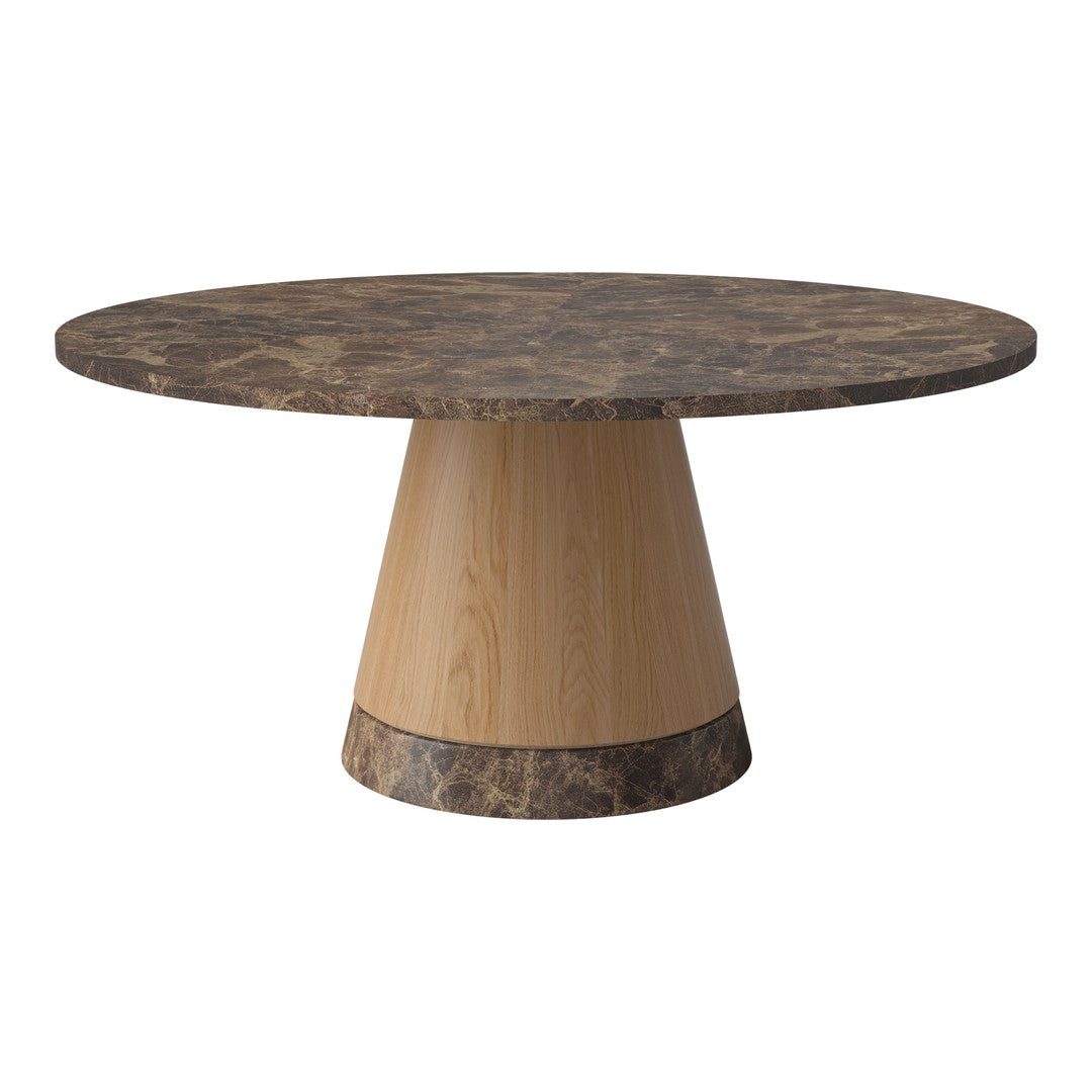 Round table with a dark marble top and a light wood conical base, featuring a smooth, modern design.